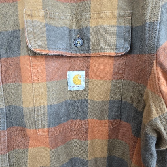 Carhartt Heavyweight Flannel Shirt Mens XL Orange Plaid 100% Cotton Button‎ Up - Picture 4 of 7